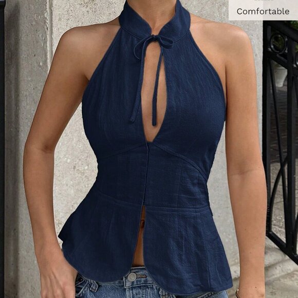 Blue Casual Women's Bow Tie Cutout Hollow Slim Fit vest top - Picture 6 of 8